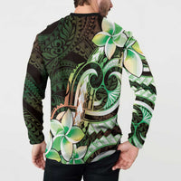 Polynesian Art Tattoo Button Sweatshirt Plumeria Flowers Green Gradient