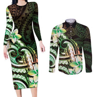 Polynesian Art Tattoo Couples Matching Long Sleeve Bodycon Dress and Long Sleeve Button Shirt Plumeria Flowers Green Gradient LT05 Green - Polynesian Pride