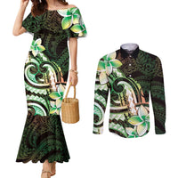 Polynesian Art Tattoo Couples Matching Mermaid Dress and Long Sleeve Button Shirt Plumeria Flowers Green Gradient LT05 Green - Polynesian Pride