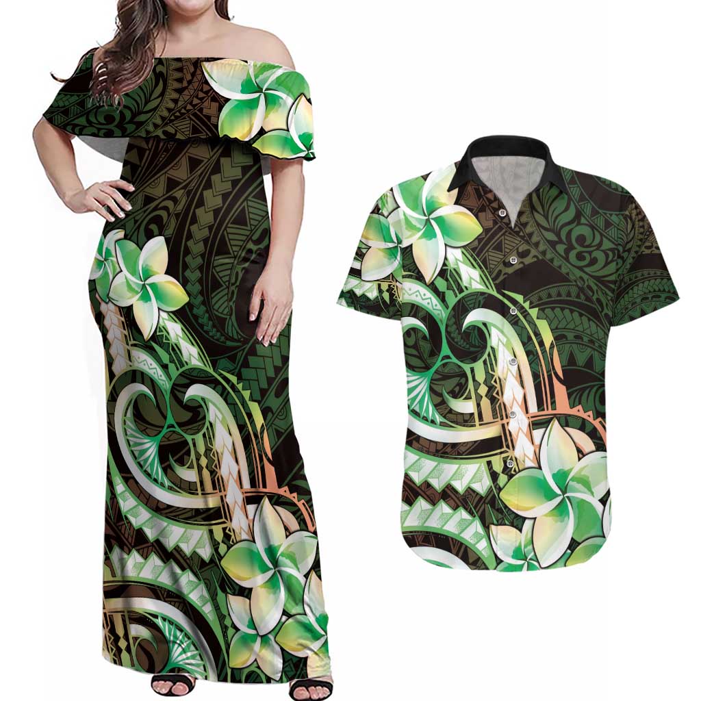 Polynesian Art Tattoo Couples Matching Off Shoulder Maxi Dress and Hawaiian Shirt Plumeria Flowers Green Gradient LT05 Green - Polynesian Pride
