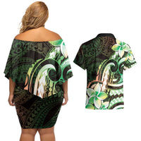 Polynesian Art Tattoo Couples Matching Off Shoulder Short Dress and Hawaiian Shirt Plumeria Flowers Green Gradient LT05 - Polynesian Pride