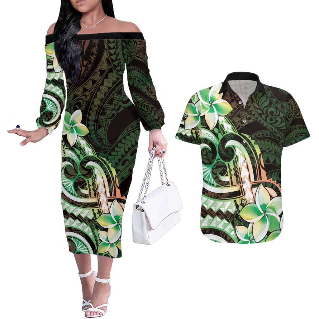 Polynesian Art Tattoo Couples Matching Off The Shoulder Long Sleeve Dress and Hawaiian Shirt Plumeria Flowers Green Gradient