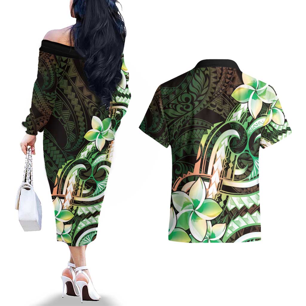 Polynesian Art Tattoo Couples Matching Off The Shoulder Long Sleeve Dress and Hawaiian Shirt Plumeria Flowers Green Gradient