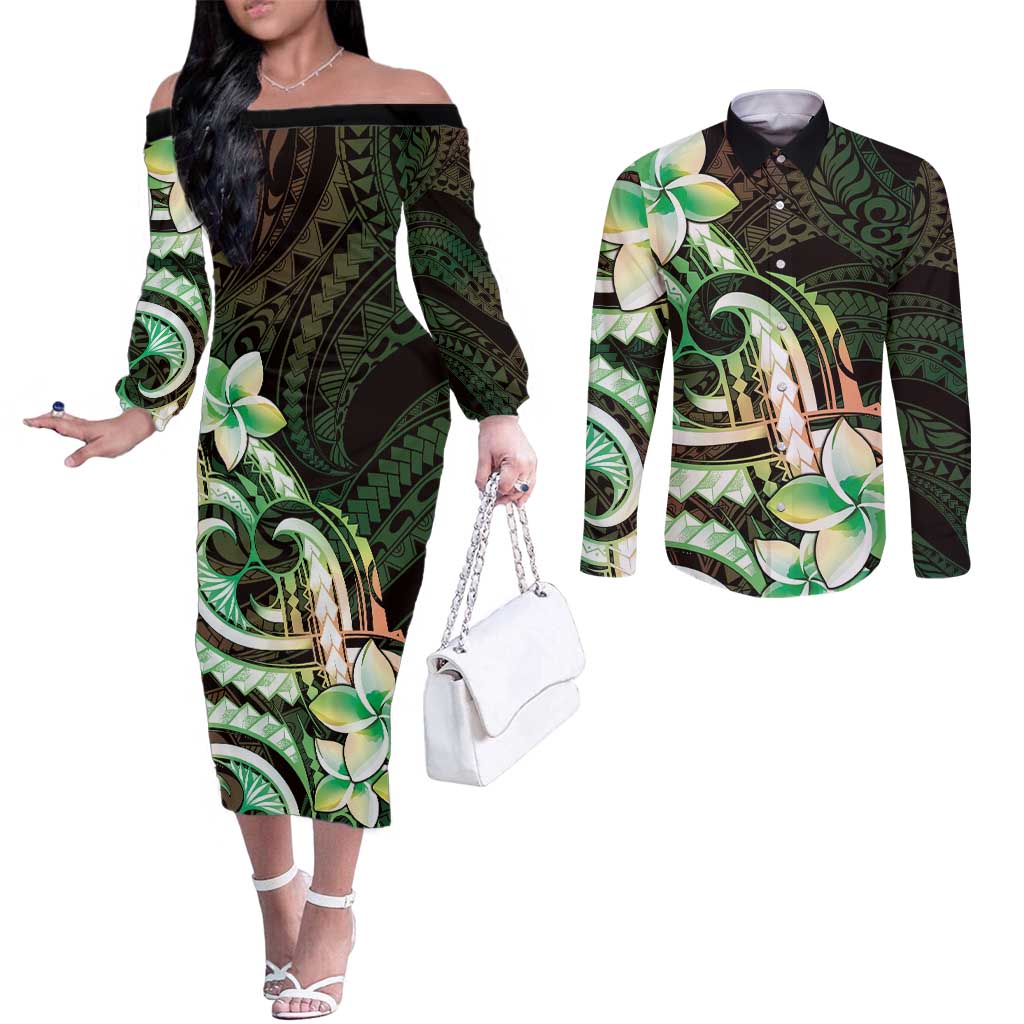 Polynesian Art Tattoo Couples Matching Off The Shoulder Long Sleeve Dress and Long Sleeve Button Shirt Plumeria Flowers Green Gradient LT05 Green - Polynesian Pride