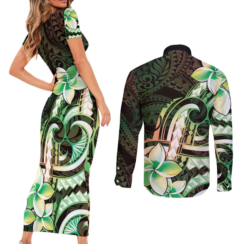 Polynesian Art Tattoo Couples Matching Short Sleeve Bodycon Dress and Long Sleeve Button Shirt Plumeria Flowers Green Gradient LT05 - Polynesian Pride