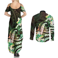 Polynesian Art Tattoo Couples Matching Summer Maxi Dress and Long Sleeve Button Shirt Plumeria Flowers Green Gradient LT05 - Polynesian Pride