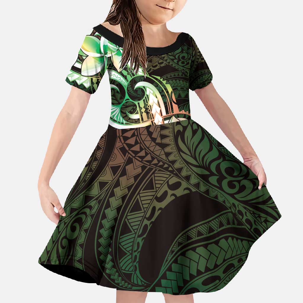 Polynesian Art Tattoo Family Matching Long Sleeve Bodycon Dress and Hawaiian Shirt Plumeria Flowers Green Gradient LT05 Daughter's Dress Green - Polynesian Pride