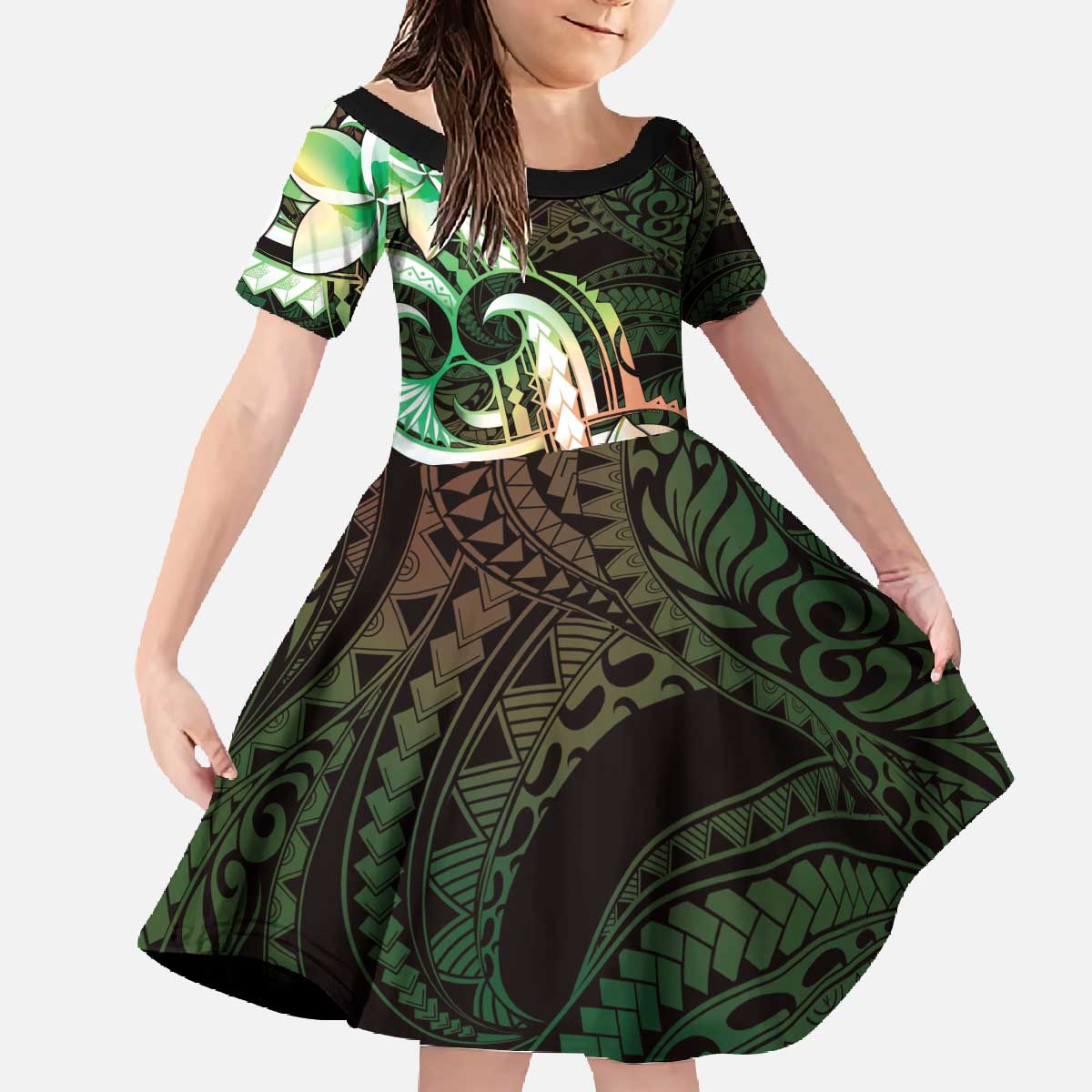 Polynesian Art Tattoo Family Matching Off The Shoulder Long Sleeve Dress and Hawaiian Shirt Plumeria Flowers Green Gradient