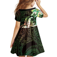 Polynesian Art Tattoo Family Matching Off The Shoulder Long Sleeve Dress and Hawaiian Shirt Plumeria Flowers Green Gradient