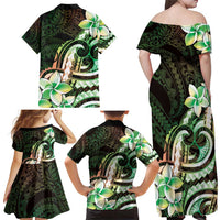 Polynesian Art Tattoo Family Matching Off Shoulder Maxi Dress and Hawaiian Shirt Plumeria Flowers Green Gradient