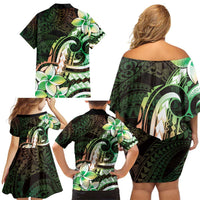 Polynesian Art Tattoo Family Matching Off Shoulder Short Dress and Hawaiian Shirt Plumeria Flowers Green Gradient
