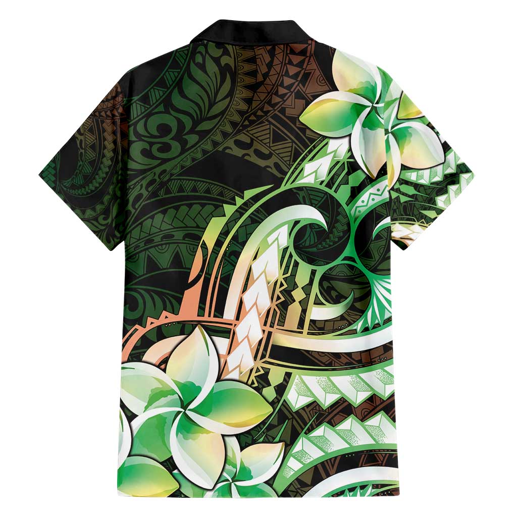 Polynesian Art Tattoo Family Matching Short Sleeve Bodycon Dress and Hawaiian Shirt Plumeria Flowers Green Gradient LT05 - Polynesian Pride