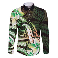 Polynesian Art Tattoo Family Matching Short Sleeve Bodycon Dress and Hawaiian Shirt Plumeria Flowers Green Gradient LT05 Dad's Shirt - Long Sleeve Green - Polynesian Pride