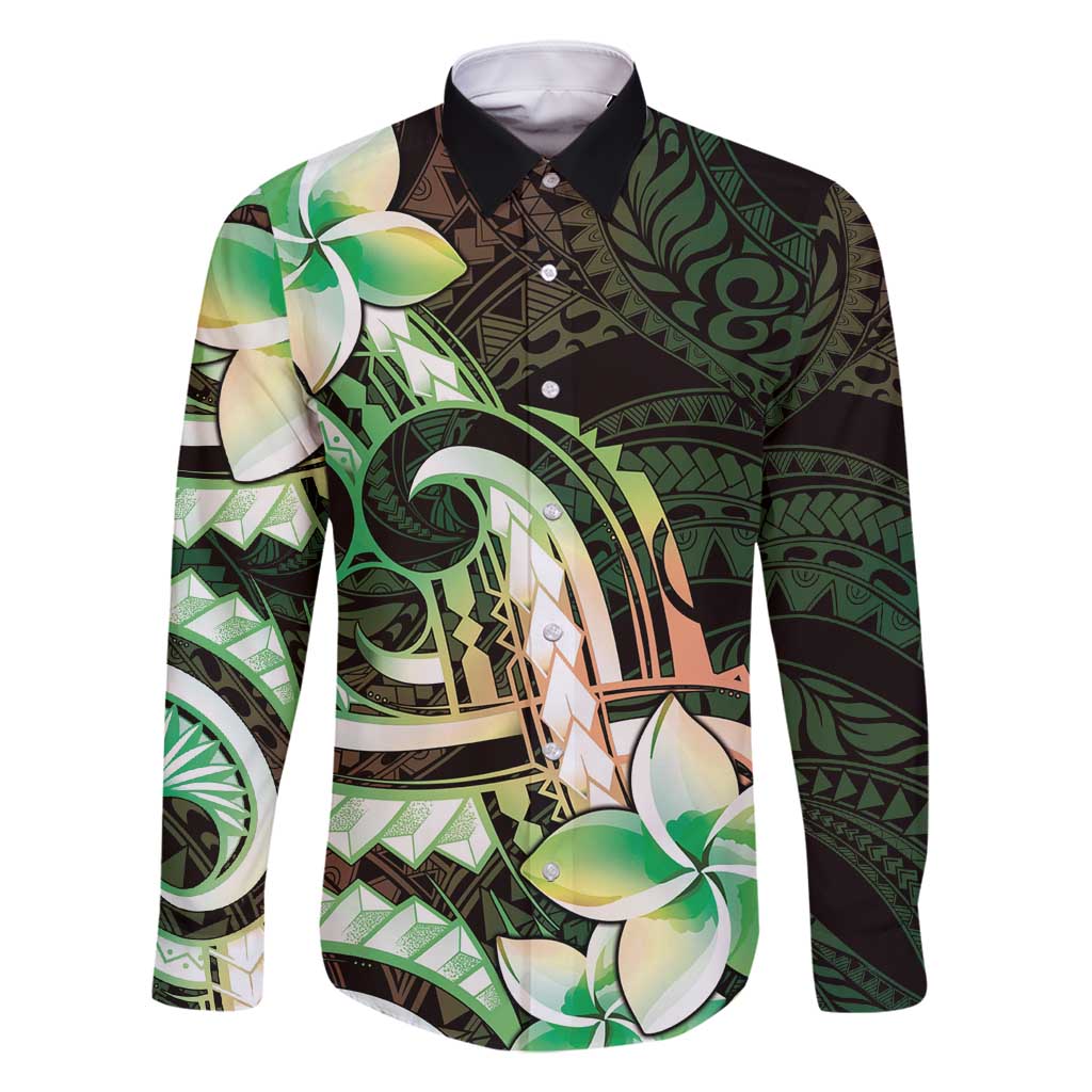Polynesian Art Tattoo Family Matching Summer Maxi Dress and Hawaiian Shirt Plumeria Flowers Green Gradient LT05 Dad's Shirt - Long Sleeve Green - Polynesian Pride