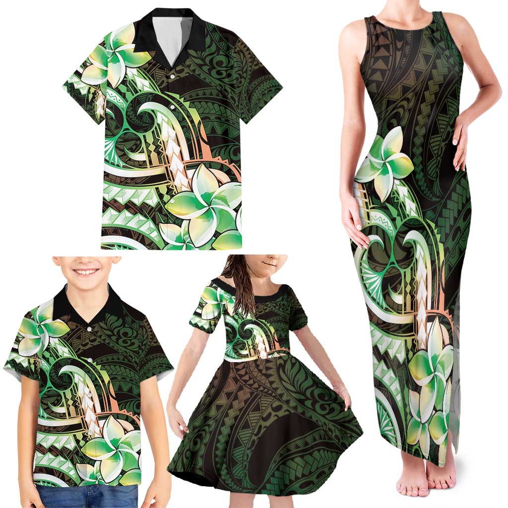 Polynesian Art Tattoo Family Matching Tank Maxi Dress and Hawaiian Shirt Plumeria Flowers Green Gradient LT05 - Polynesian Pride