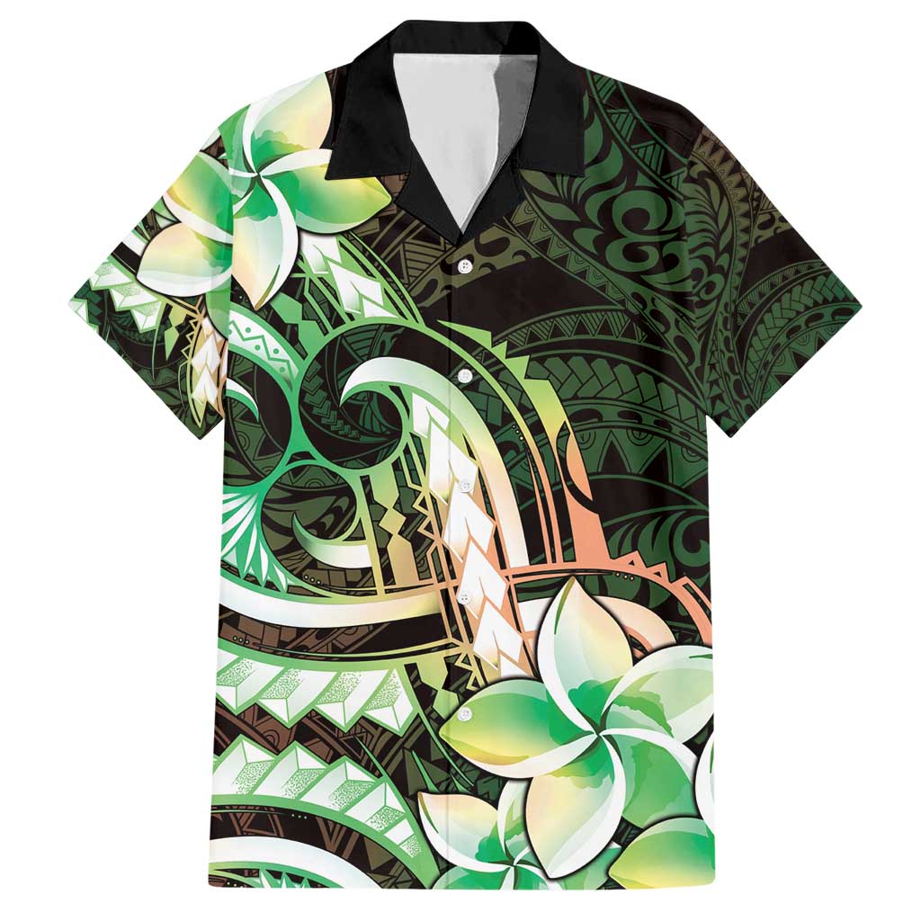 Polynesian Art Tattoo Hawaiian Shirt Plumeria Flowers Green Gradient