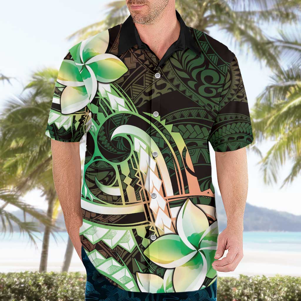 Polynesian Art Tattoo Hawaiian Shirt Plumeria Flowers Green Gradient