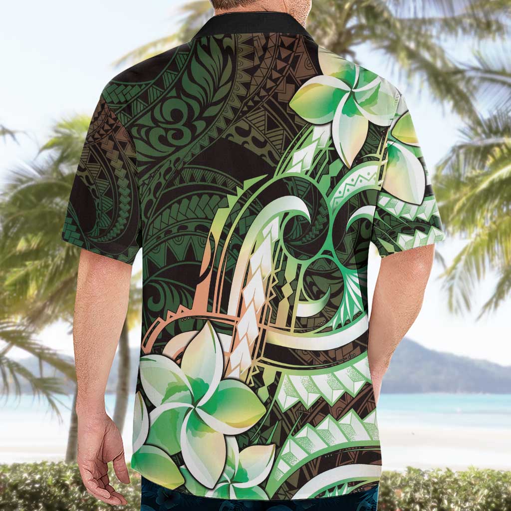 Polynesian Art Tattoo Hawaiian Shirt Plumeria Flowers Green Gradient