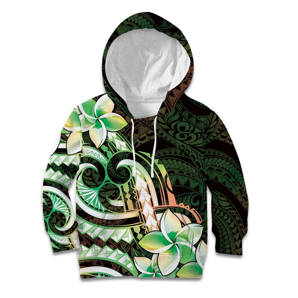 Polynesian Art Tattoo Kid Hoodie Plumeria Flowers Green Gradient