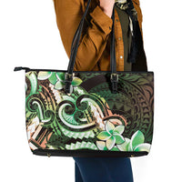 Polynesian Art Tattoo Leather Tote Bag Plumeria Flowers Green Gradient LT05 - Polynesian Pride