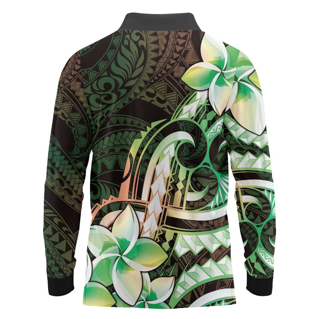 Polynesian Art Tattoo Long Sleeve Polo Shirt Plumeria Flowers Green Gradient LT05 - Polynesian Pride