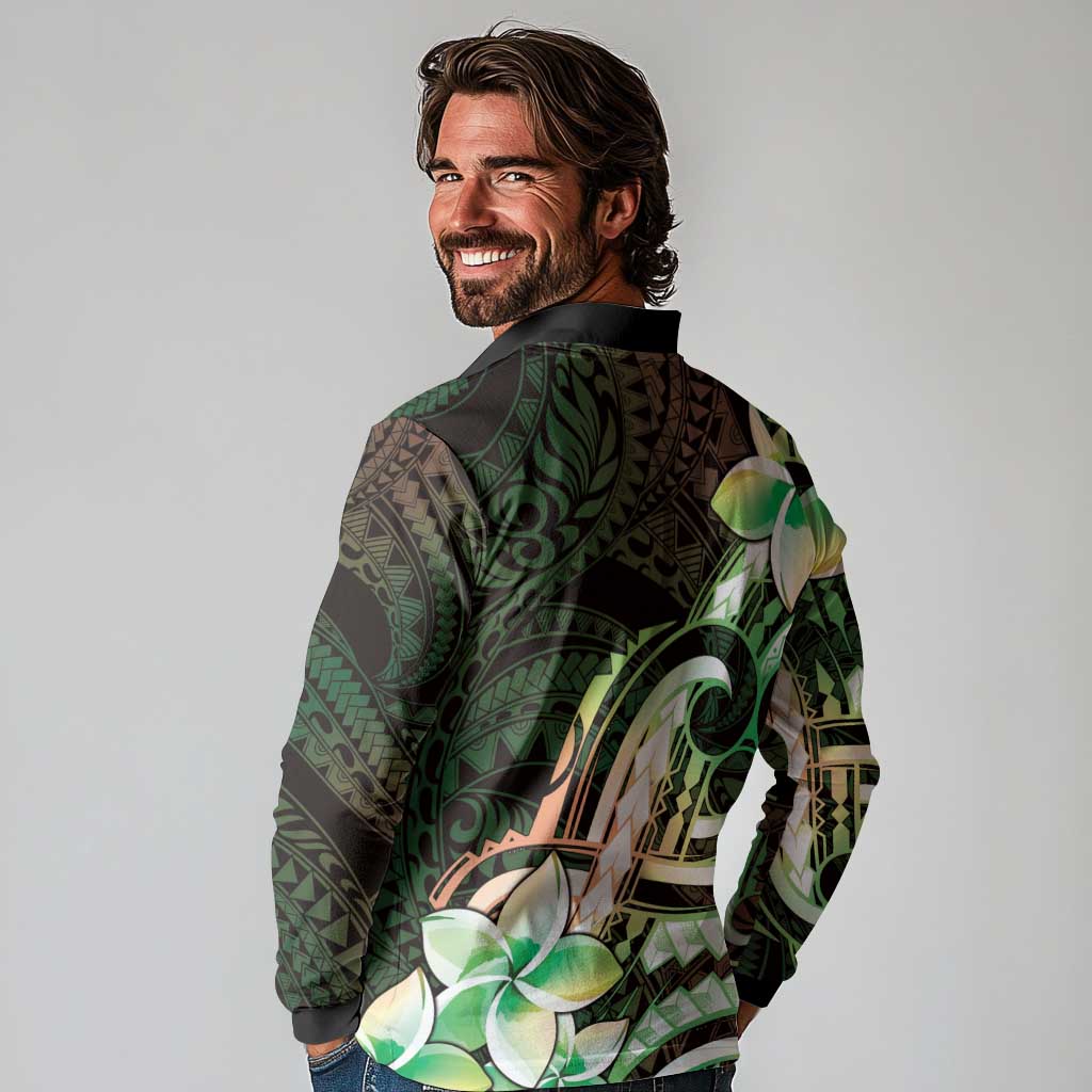 Polynesian Art Tattoo Long Sleeve Polo Shirt Plumeria Flowers Green Gradient LT05 - Polynesian Pride