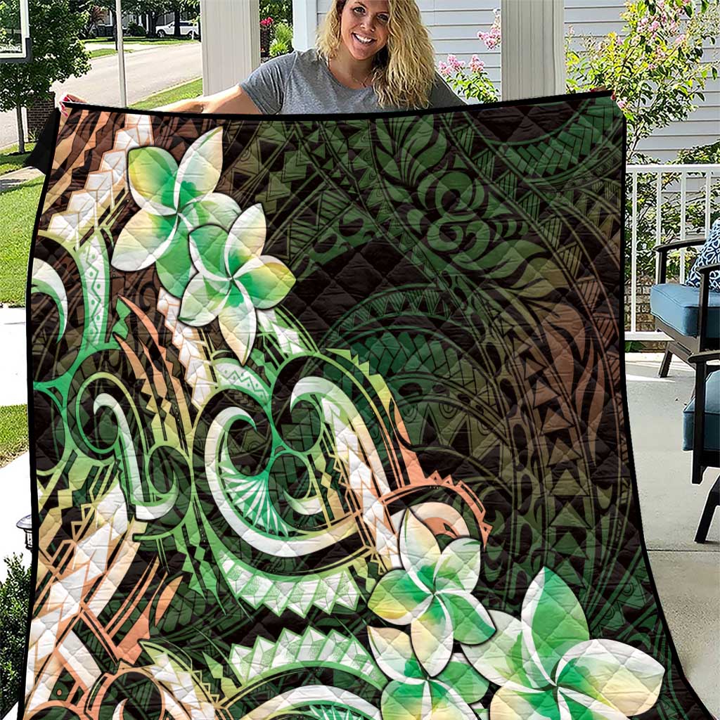 Polynesian Art Tattoo Quilt Plumeria Flowers Green Gradient