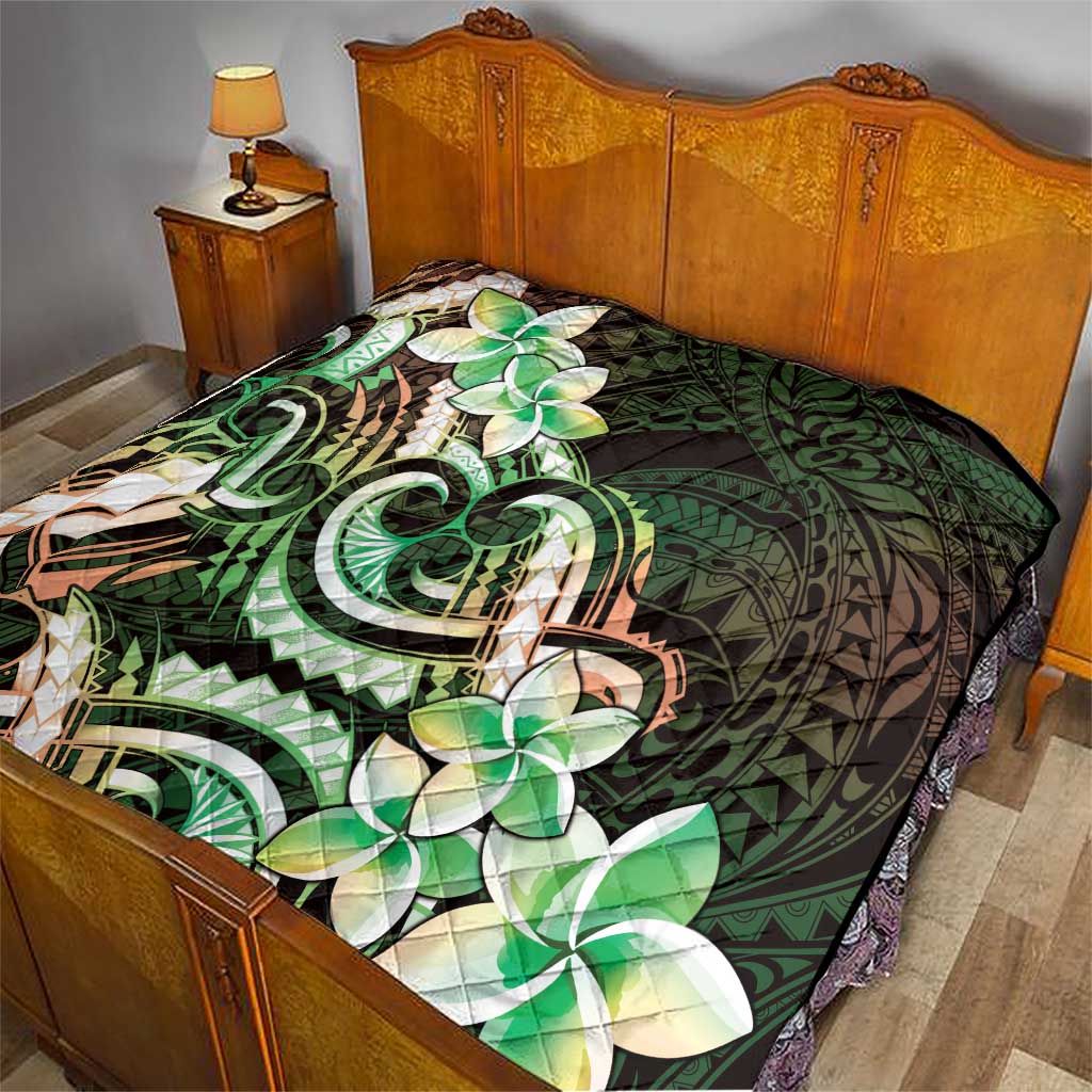 Polynesian Art Tattoo Quilt Plumeria Flowers Green Gradient