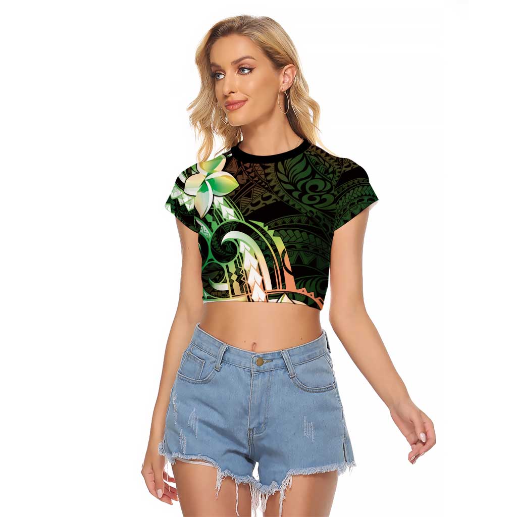 Polynesian Art Tattoo Raglan Cropped T Shirt Plumeria Flowers Green Gradient LT05 Female Green - Polynesian Pride