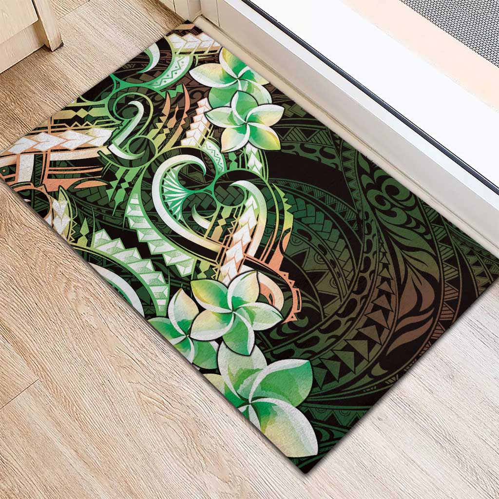 Polynesian Art Tattoo Rubber Doormat Plumeria Flowers Green Gradient