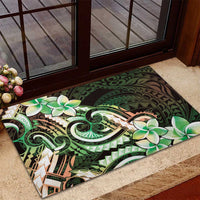 Polynesian Art Tattoo Rubber Doormat Plumeria Flowers Green Gradient
