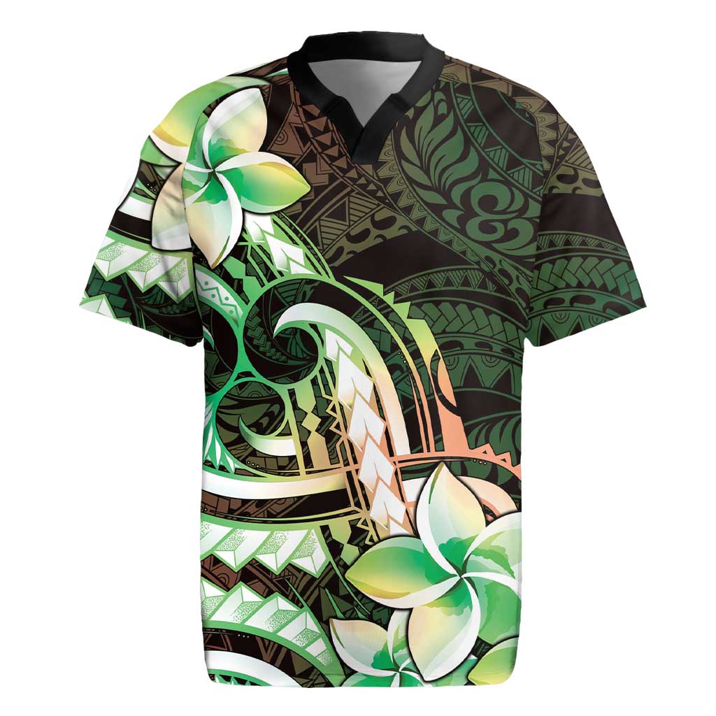 Polynesian Art Tattoo Rugby Jersey Plumeria Flowers Green Gradient