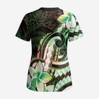 Polynesian Art Tattoo Scrub Top Plumeria Flowers Green Gradient - Polynesian Pride
