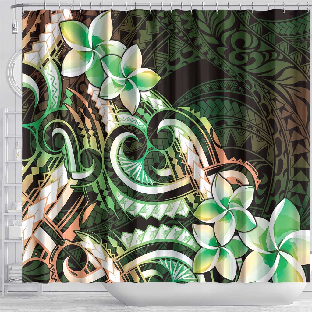 Polynesian Art Tattoo Shower Curtain Plumeria Flowers Green Gradient