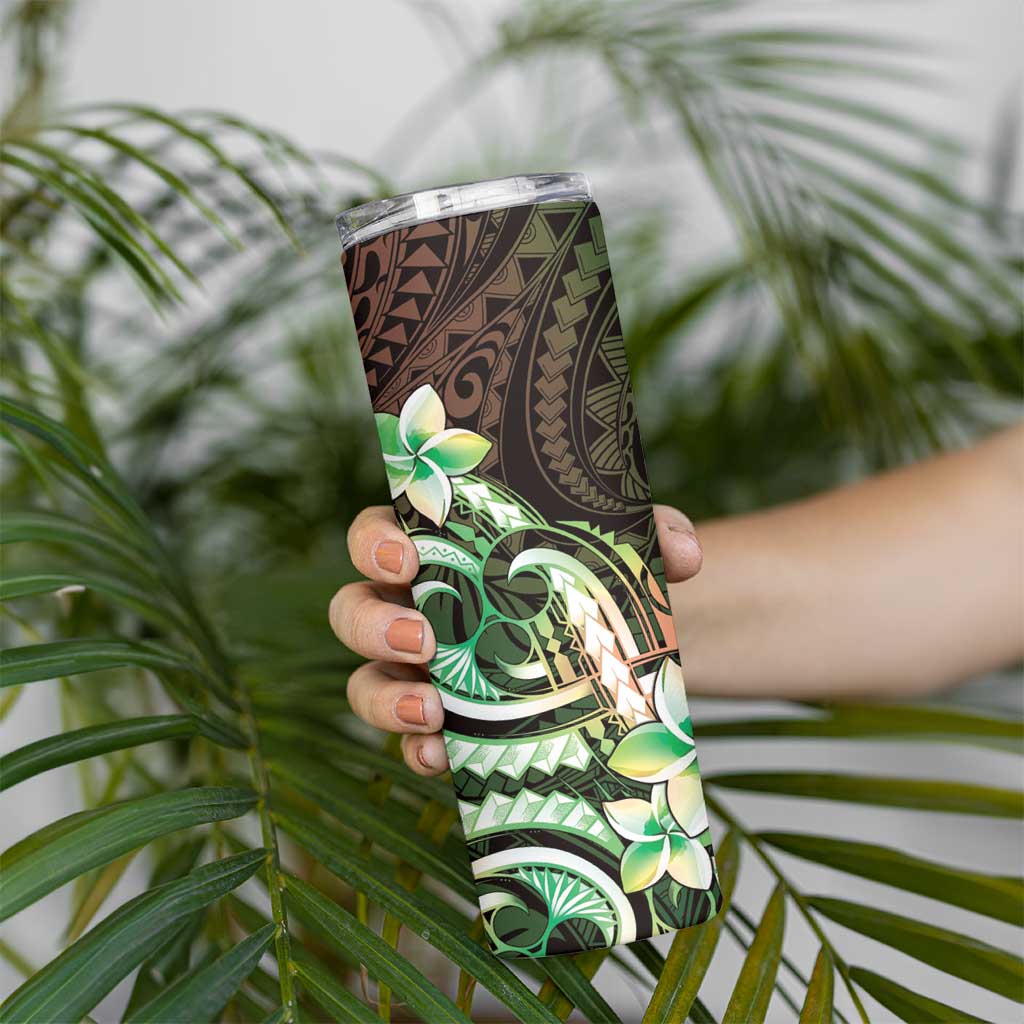 Polynesian Art Tattoo Skinny Tumbler Plumeria Flowers Green Gradient LT05 - Polynesian Pride