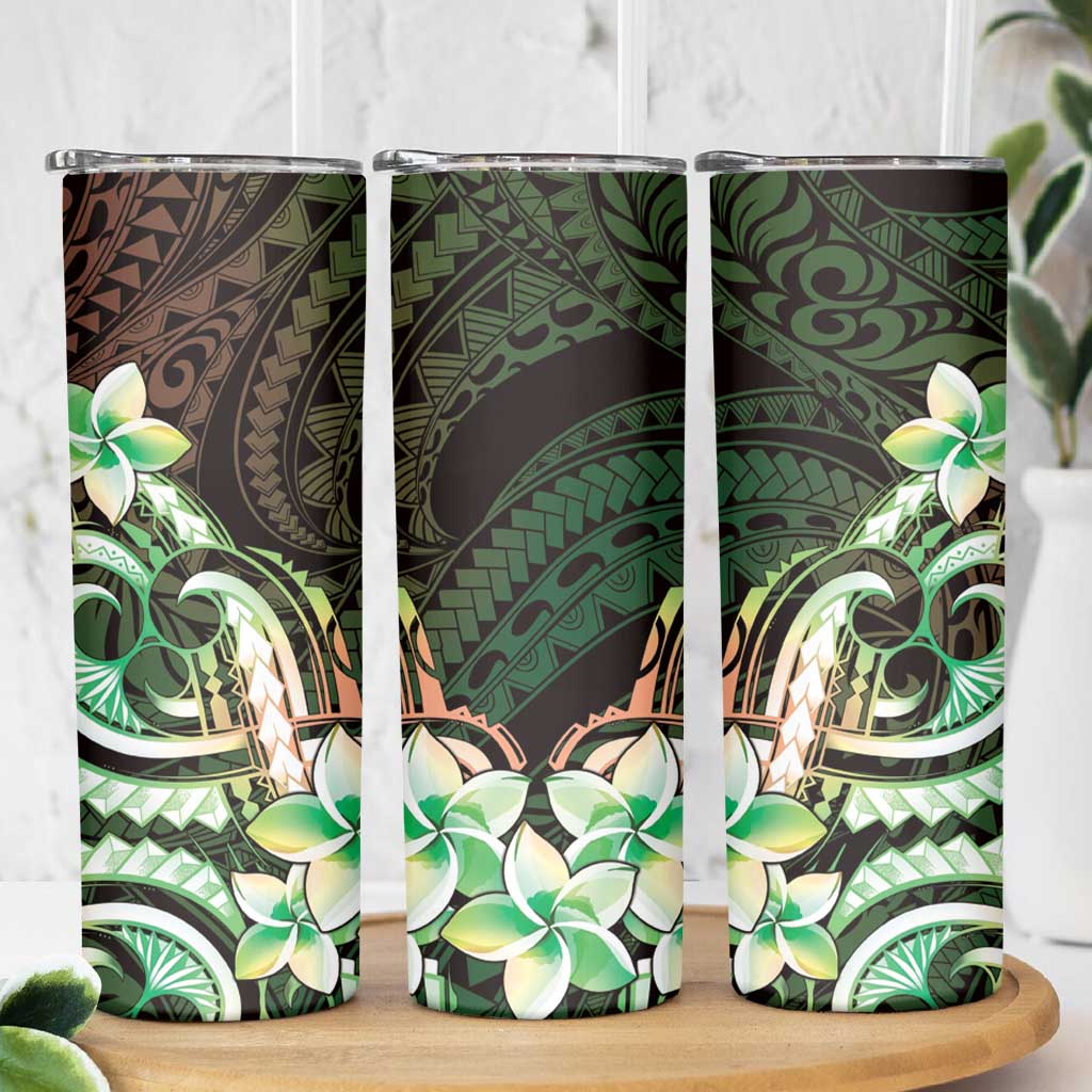 Polynesian Art Tattoo Skinny Tumbler Plumeria Flowers Green Gradient LT05 - Polynesian Pride