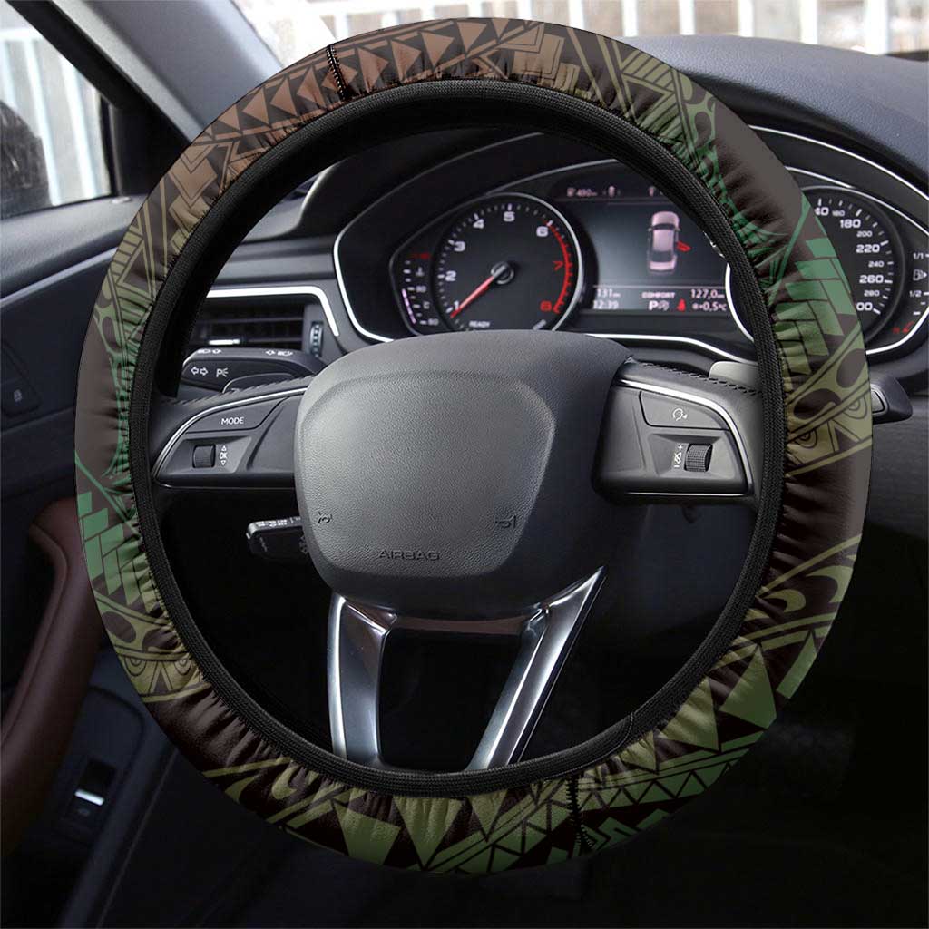 Polynesian Art Tattoo Steering Wheel Cover Plumeria Flowers Green Gradient