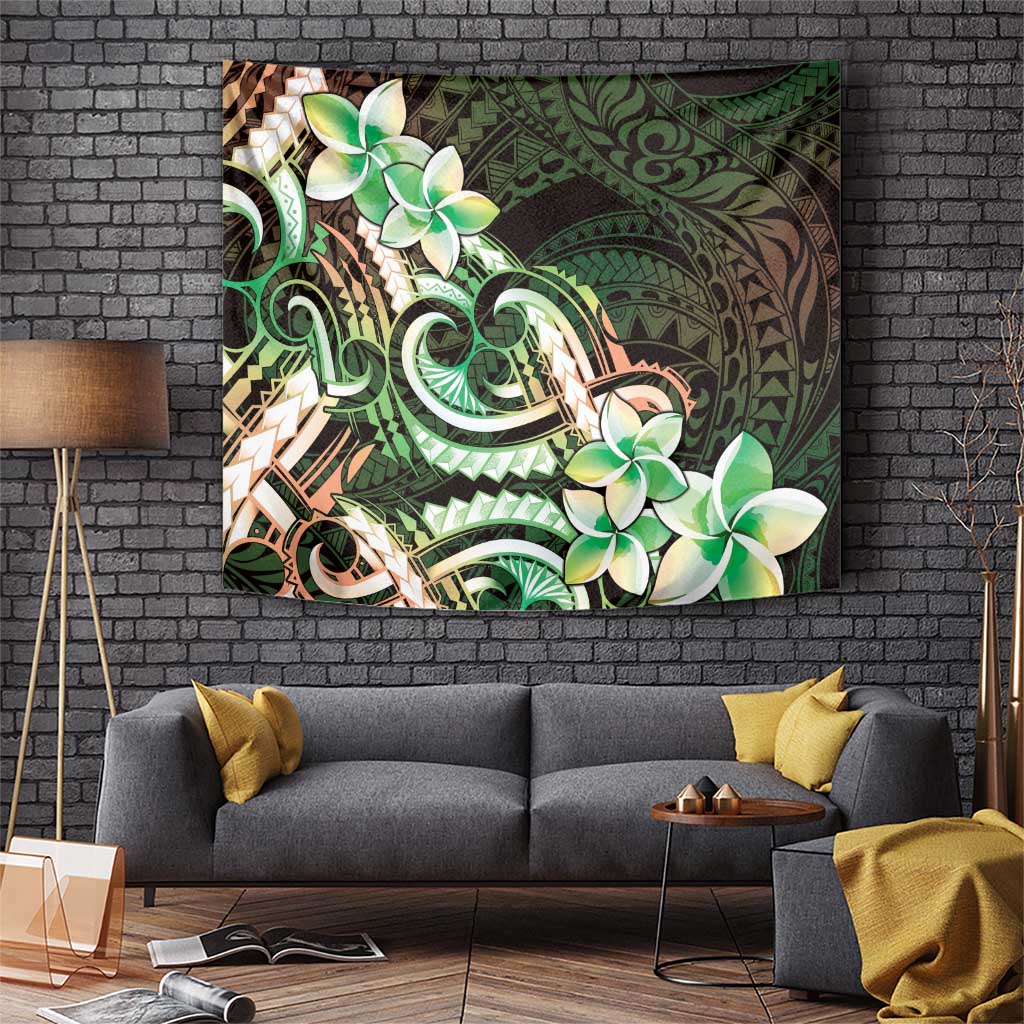 Polynesian Art Tattoo Tapestry Plumeria Flowers Green Gradient