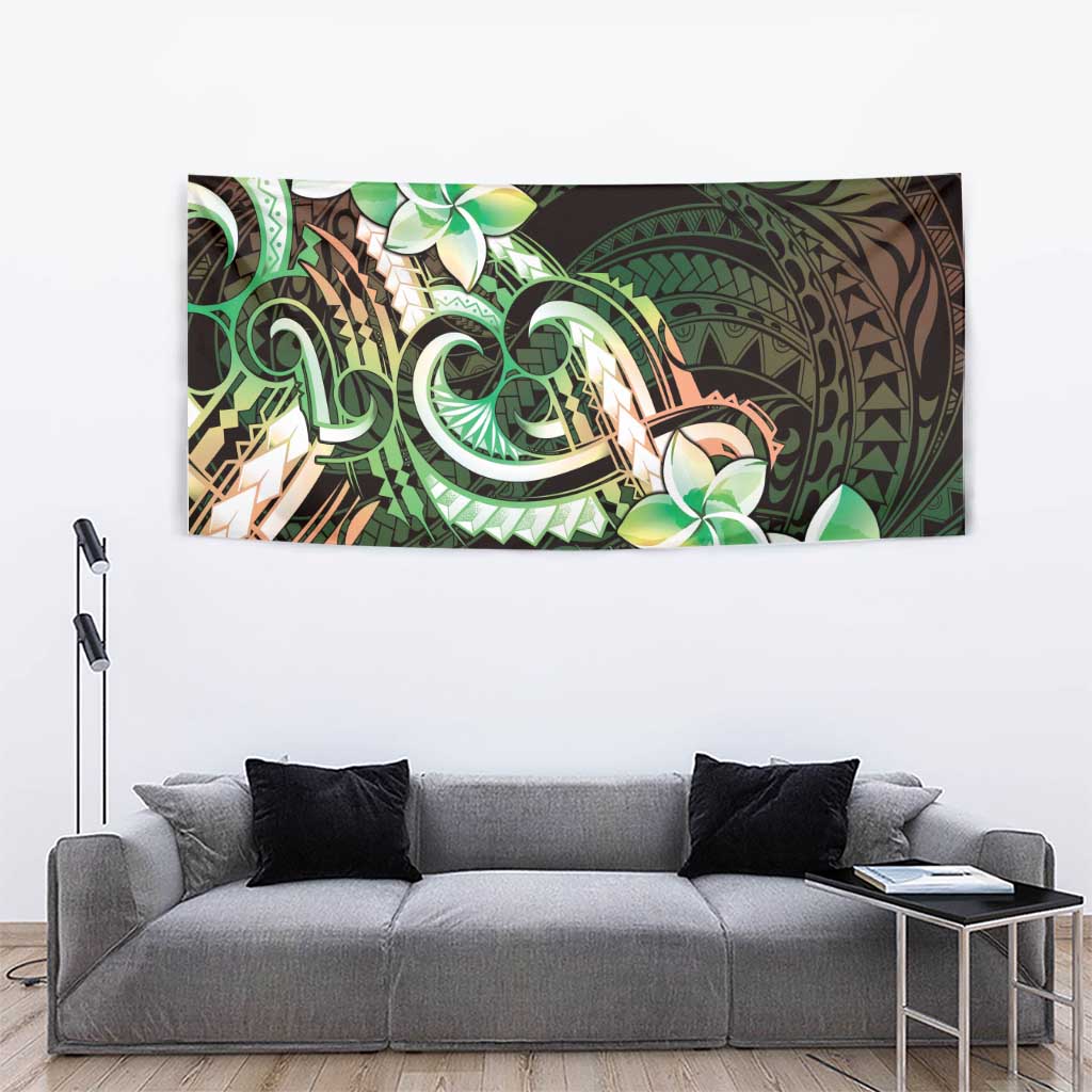 Polynesian Art Tattoo Tapestry Plumeria Flowers Green Gradient