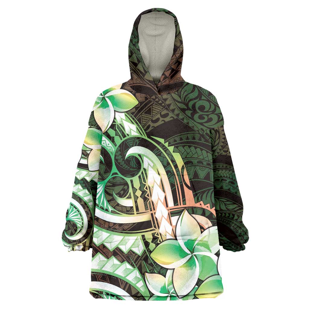 Polynesian Art Tattoo Wearable Blanket Hoodie Plumeria Flowers Green Gradient