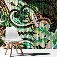 Polynesian Art Tattoo Window Curtain Plumeria Flowers Green Gradient