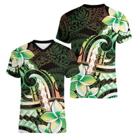 Polynesian Art Tattoo Women V-Neck T-Shirt Plumeria Flowers Green Gradient LT05 - Polynesian Pride