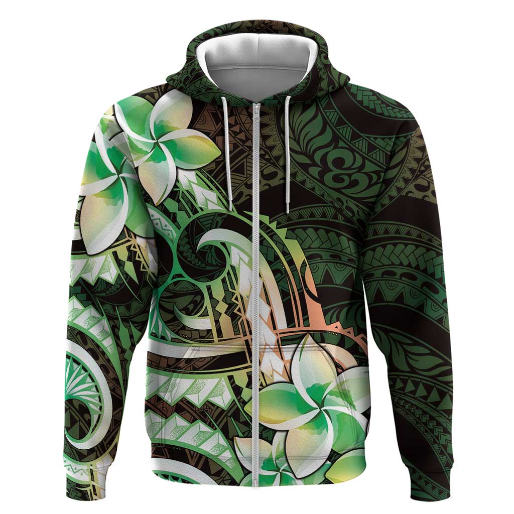 Polynesian Art Tattoo Zip Hoodie Plumeria Flowers Green Gradient