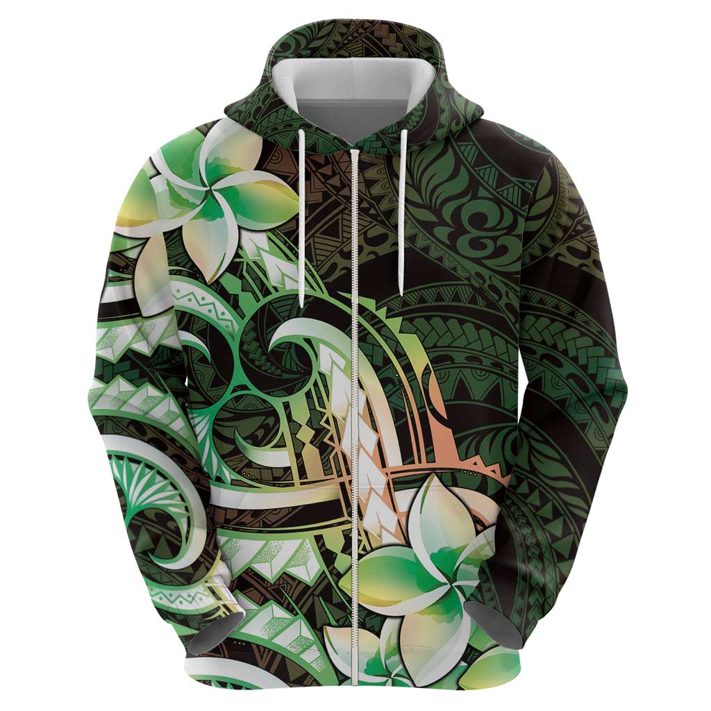 Polynesian Art Tattoo Zip Hoodie Plumeria Flowers Green Gradient
