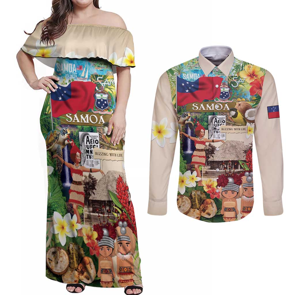 Samoa Culture Couples Matching Off Shoulder Maxi Dress and Long Sleeve Button Shirt Embracing The Spirit