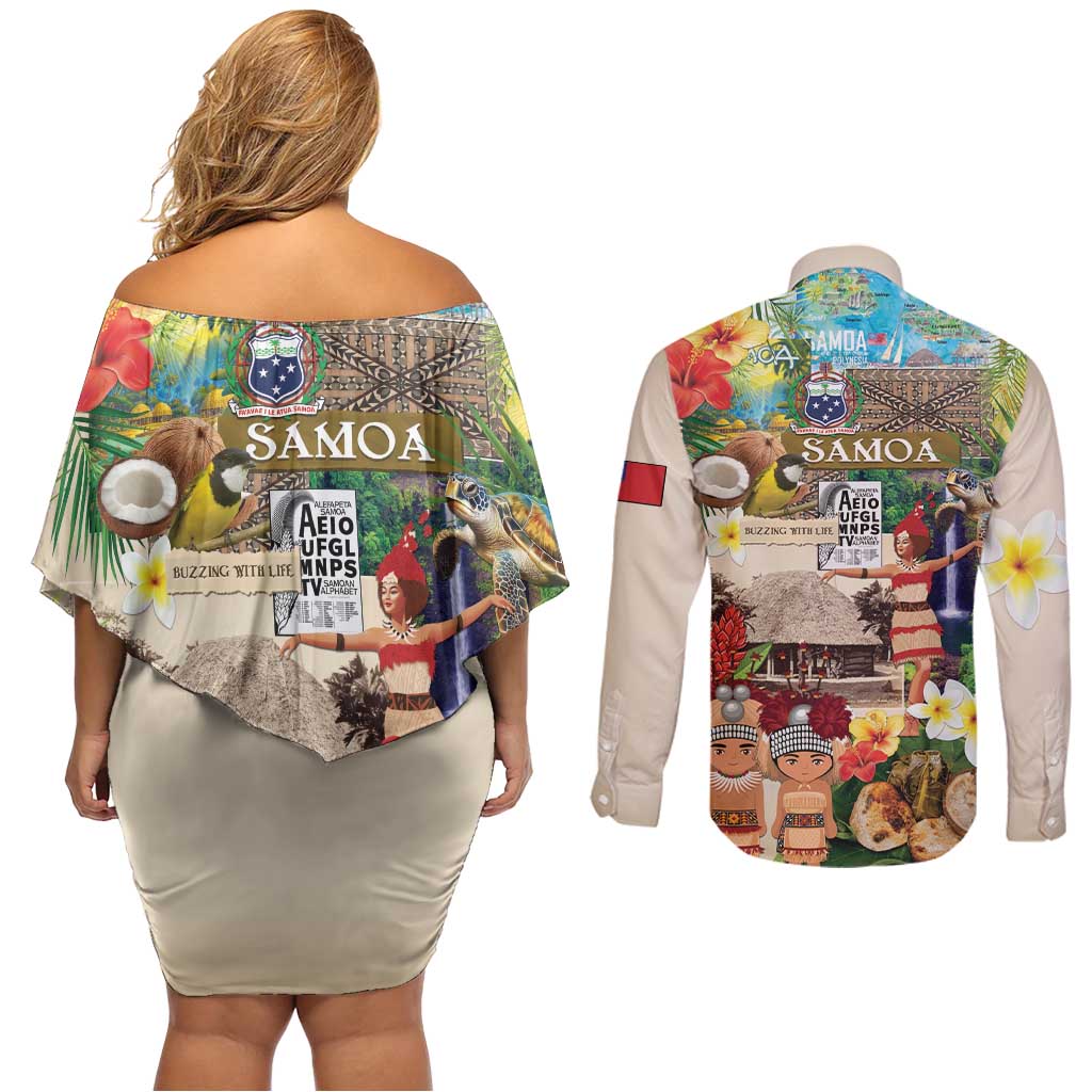 Samoa Culture Couples Matching Off Shoulder Short Dress and Long Sleeve Button Shirt Embracing The Spirit