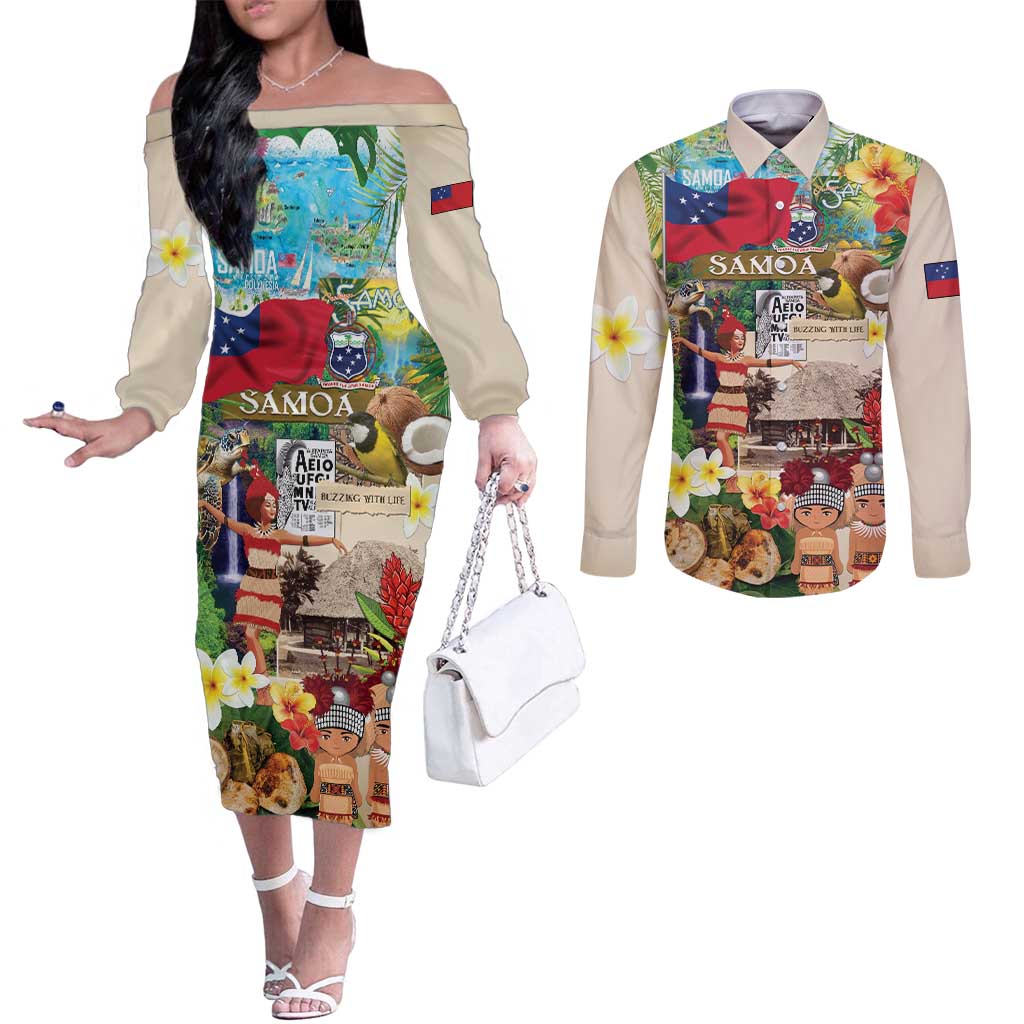 Samoa Culture Couples Matching Off The Shoulder Long Sleeve Dress and Long Sleeve Button Shirt Embracing The Spirit
