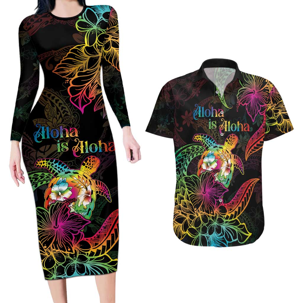 Hawaii Pride Couples Matching Long Sleeve Bodycon Dress and Hawaiian Shirt Aloha Is Aloha