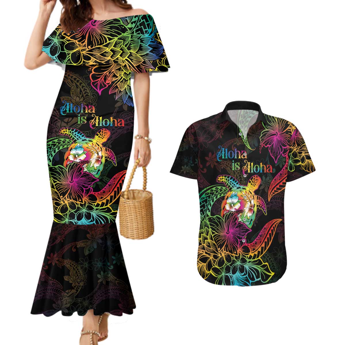Hawaii Pride Couples Matching Mermaid Dress and Hawaiian Shirt Aloha Is Aloha