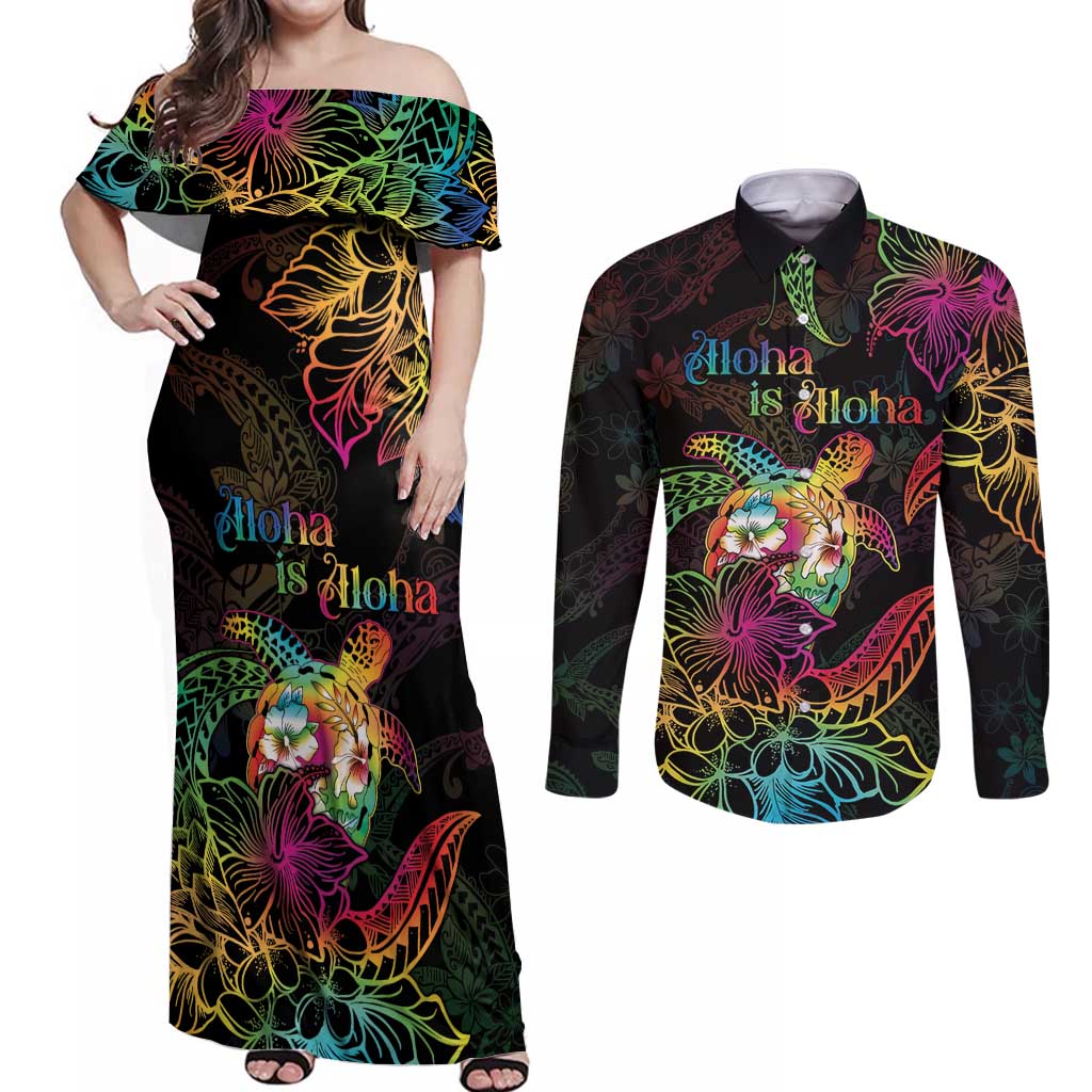 Hawaii Pride Couples Matching Off Shoulder Maxi Dress and Long Sleeve Button Shirt Aloha Is Aloha